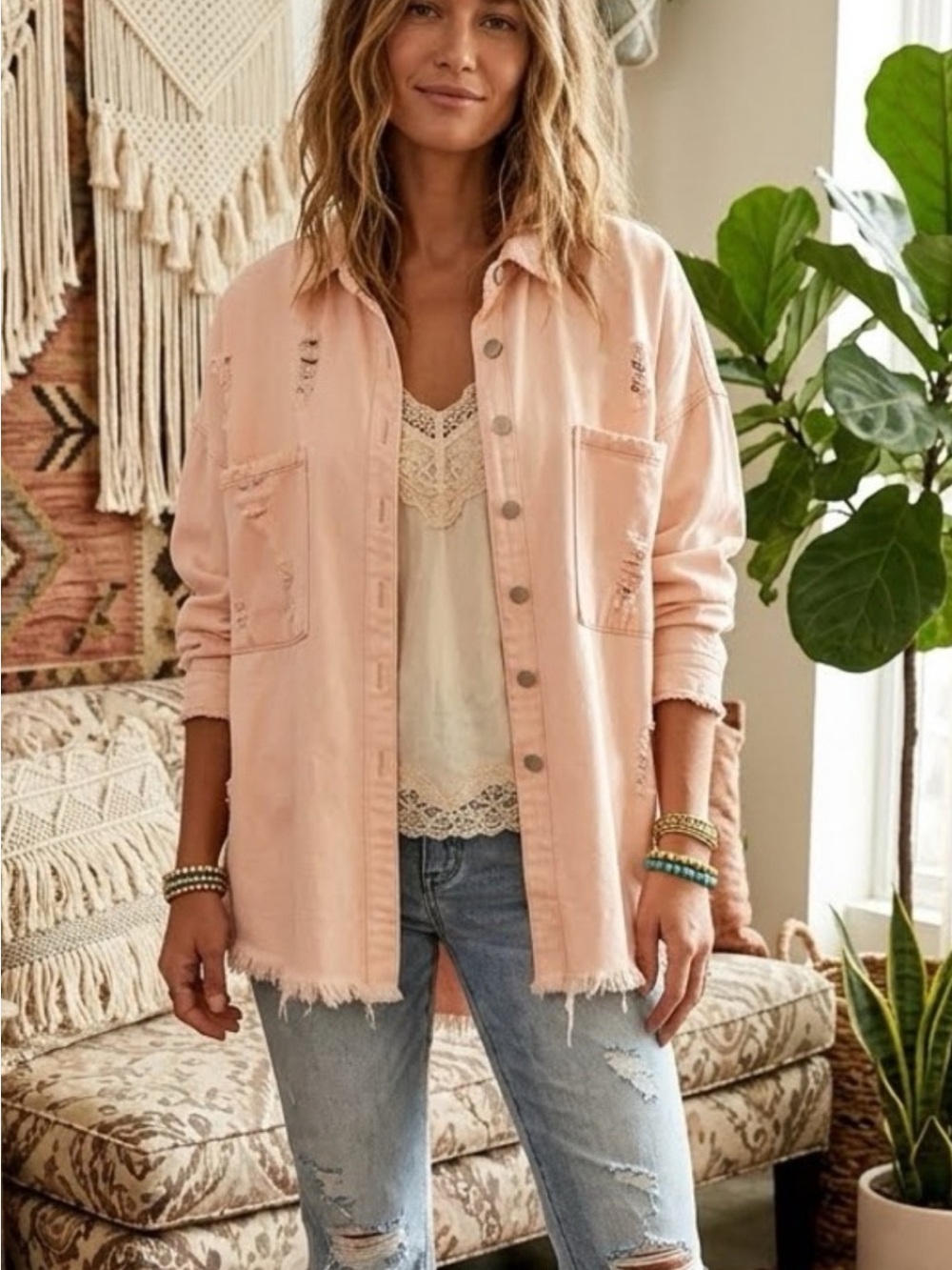 POL- Women's Distressed Button-Front Shacket Jacket - Pink